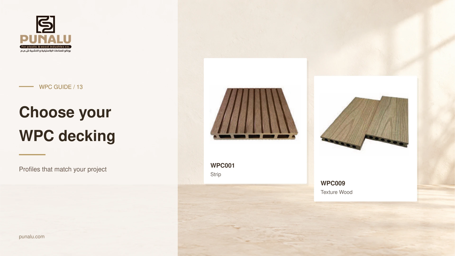 PUNALU hollow decking profile photographs labelled WPC001 and WPC009.