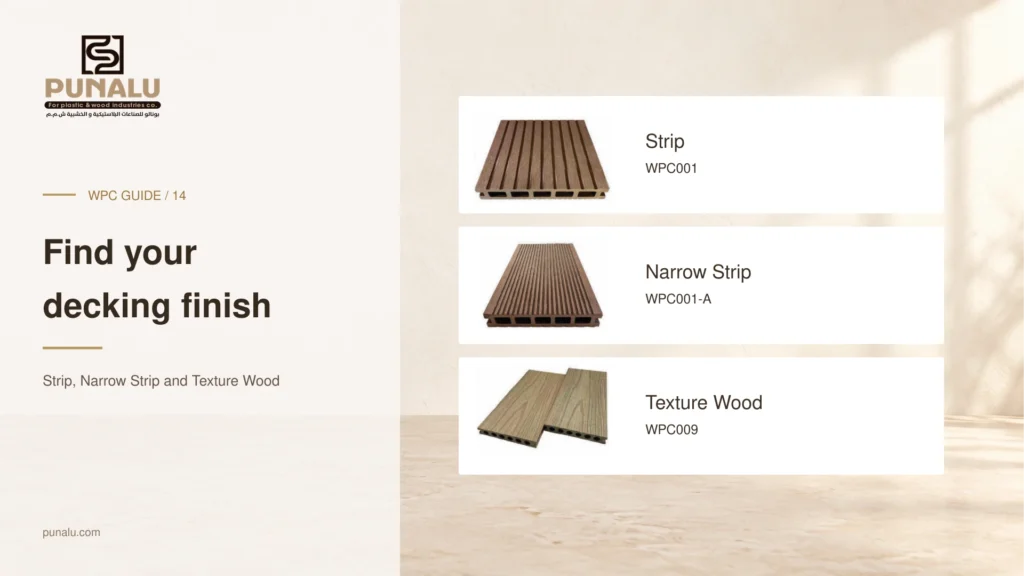 PUNALU Strip, Narrow Strip and Texture Wood decking catalog photographs with product codes.