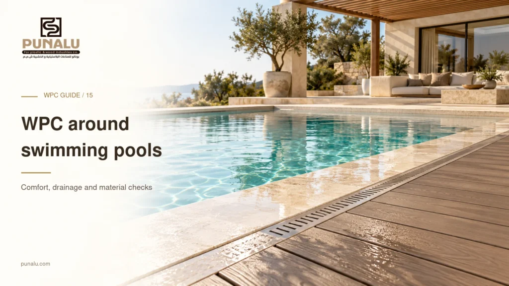 Conceptual pool terrace with walnut composite decking, pale stone coping and a linear drain.