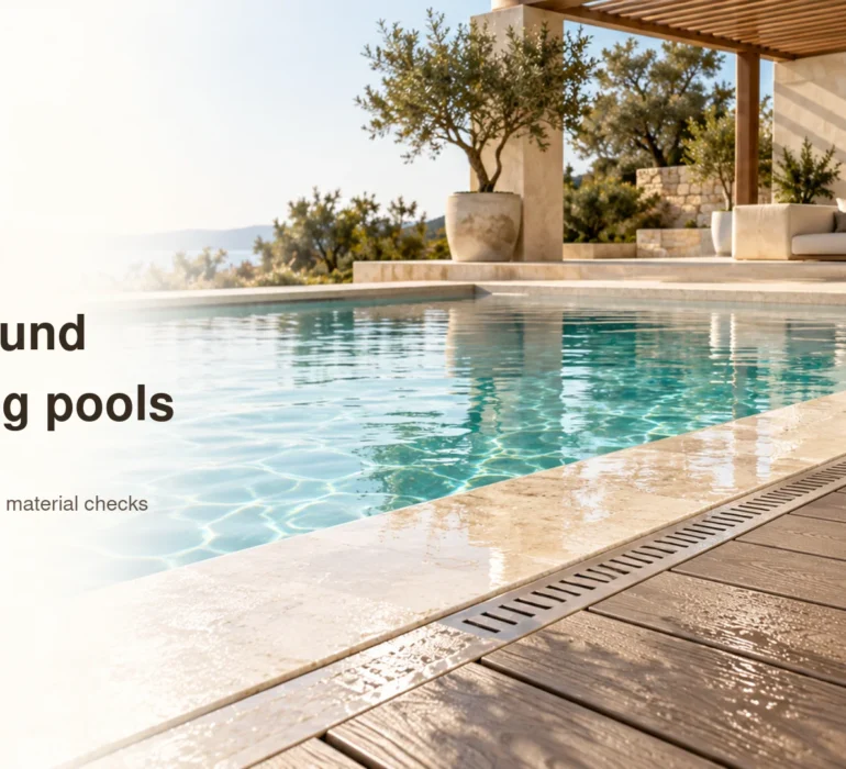 Conceptual pool terrace with walnut composite decking, pale stone coping and a linear drain.