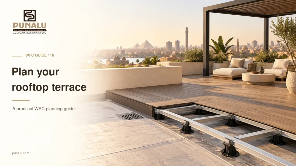 Conceptual rooftop seating area with walnut composite decking and a small exposed support display.