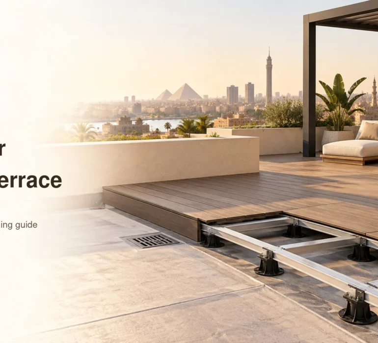 Conceptual rooftop seating area with walnut composite decking and a small exposed support display.