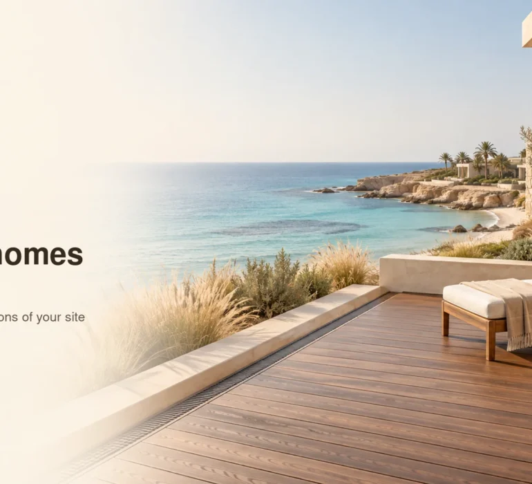 Conceptual coastal home terrace with walnut composite decking, a lounge chair and a sea view.