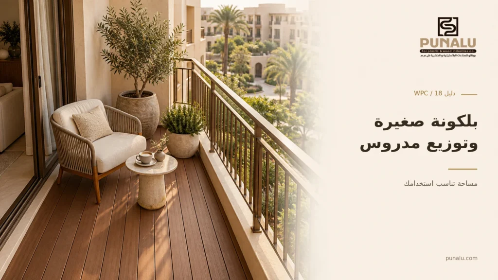 تصور لبلكونة صغيرة بألواح خشب مركب بلون الجوز وكرسي فاتح وأحواض نباتات.