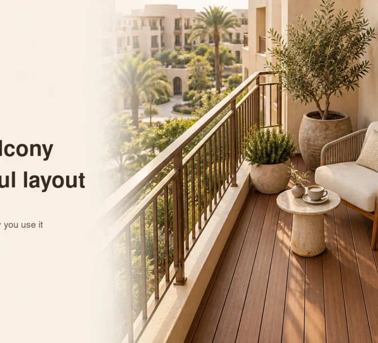 Conceptual compact balcony with walnut composite boards, a cream chair and small planters.