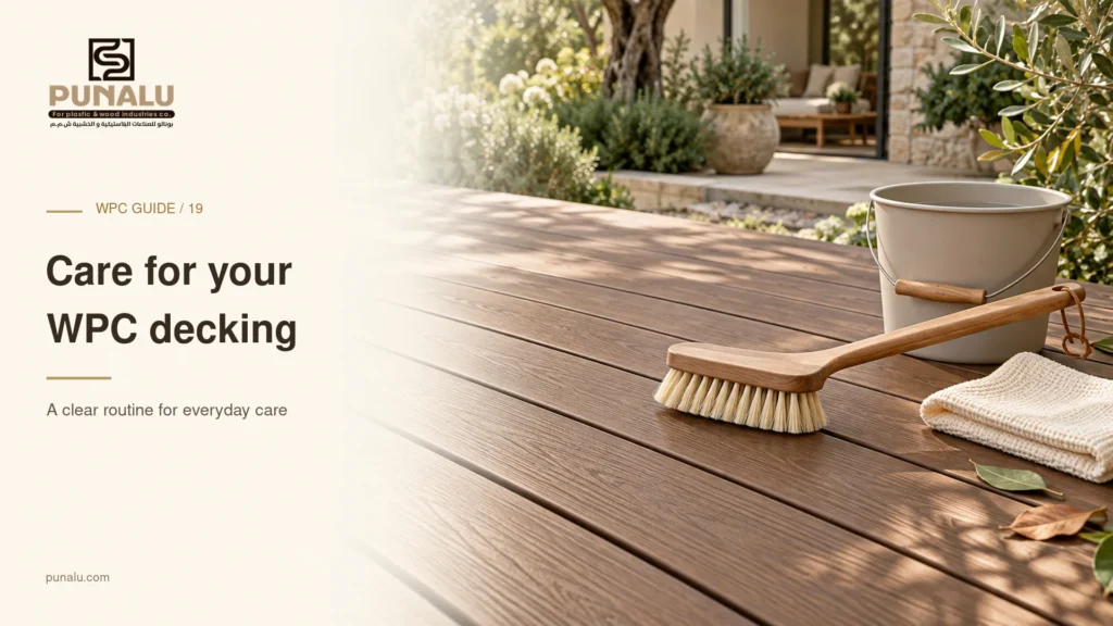 Soft brush, neutral bucket and cloth arranged on walnut composite decking for routine cleaning.
