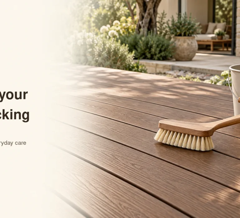 Soft brush, neutral bucket and cloth arranged on walnut composite decking for routine cleaning.
