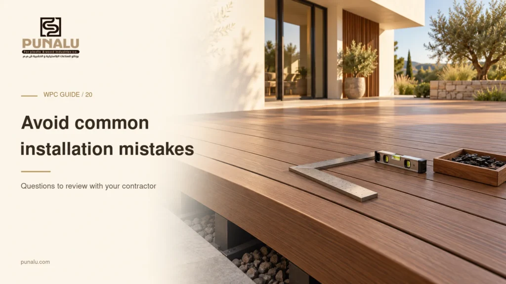 Illustrative deck quality-check scene with aligned walnut boards, a square, spirit level and fixing clips.