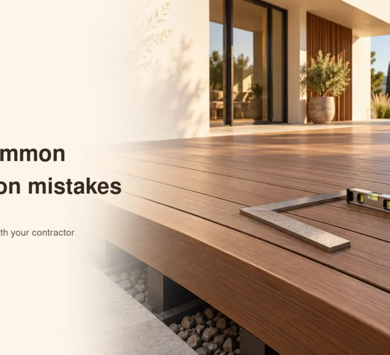 Illustrative deck quality-check scene with aligned walnut boards, a square, spirit level and fixing clips.