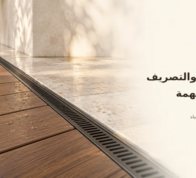 تصور مقرب لفواصل ألواح خشب مركب بجوار مصرف خطي ضيق وحجر فاتح.