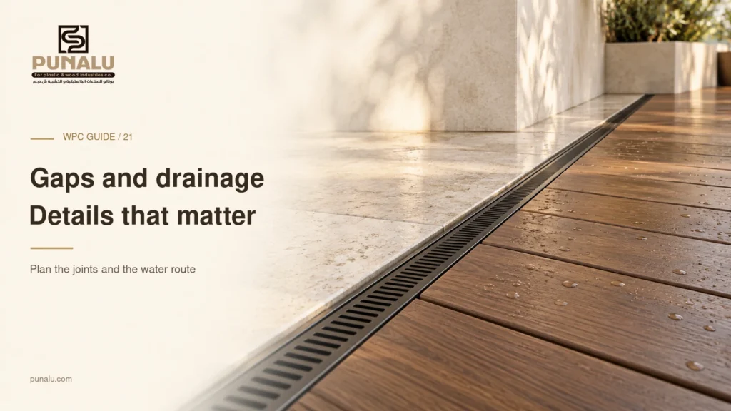 Close-up conceptual view of composite board joints beside a narrow linear drain and pale stone.