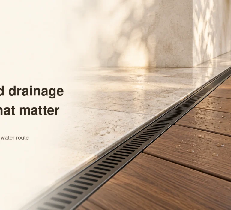 Close-up conceptual view of composite board joints beside a narrow linear drain and pale stone.