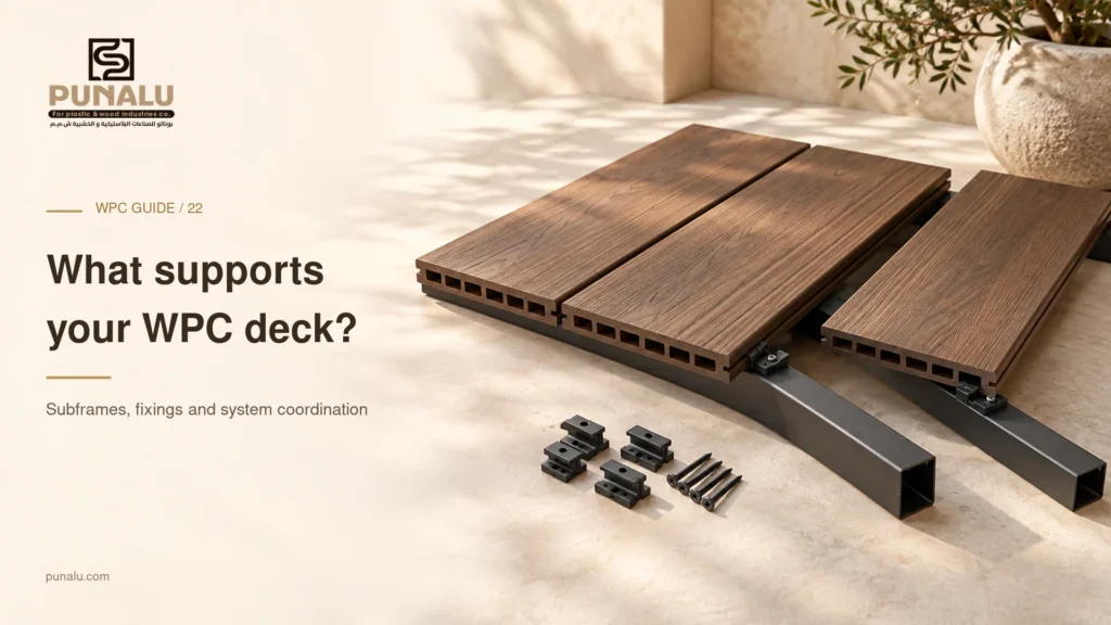 Conceptual sample assembly of WPC boards across dark support rails with clips and screws nearby.