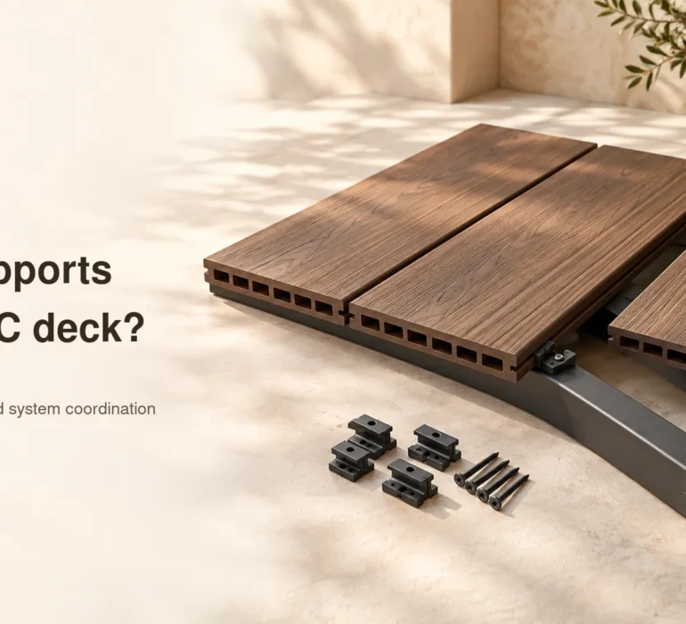 Conceptual sample assembly of WPC boards across dark support rails with clips and screws nearby.