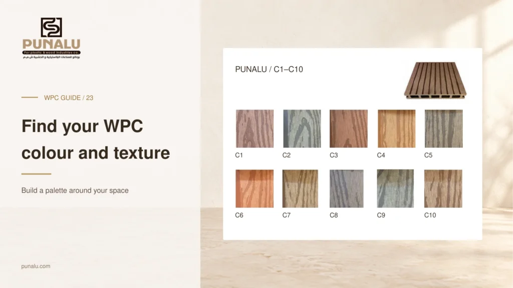 Ten PUNALU catalog color swatches labelled C1 to C10, with a decking sample photograph.