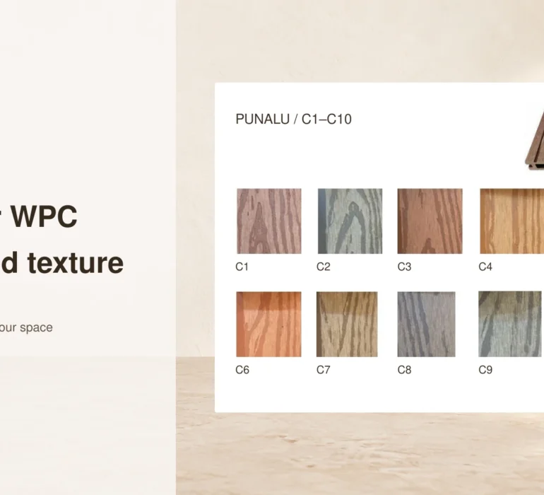 Ten PUNALU catalog color swatches labelled C1 to C10, with a decking sample photograph.