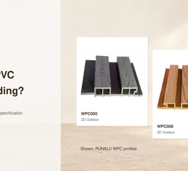 PUNALU WPC wall cladding photographs labelled WPC005 and WPC006; no PVC sample is shown.