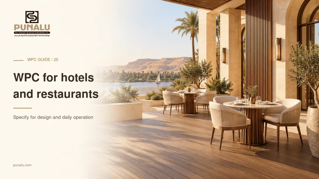 Conceptual hotel restaurant terrace with composite decking, fluted wall accents and neutral dining furniture.