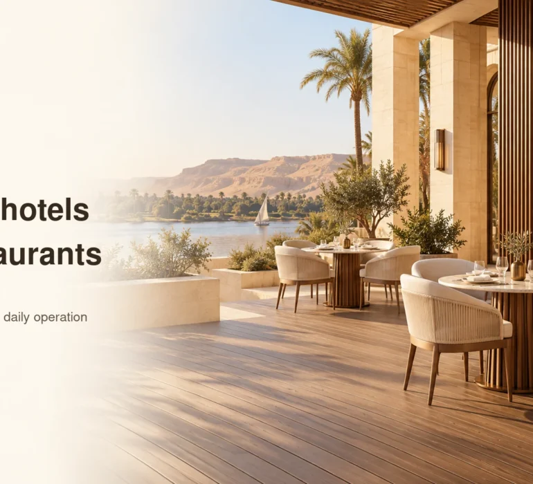 Conceptual hotel restaurant terrace with composite decking, fluted wall accents and neutral dining furniture.